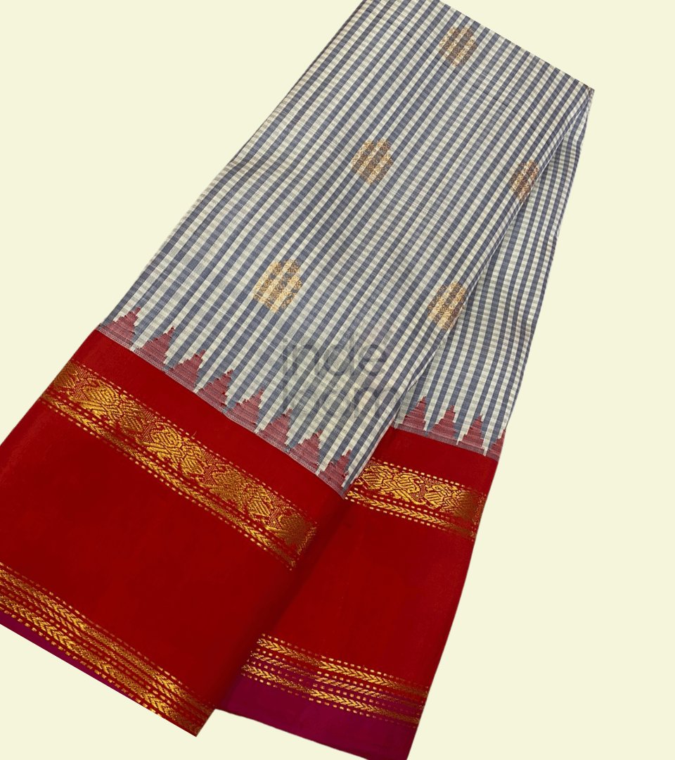 Gray Lines with Golden Red  Pallu and  Border Gadwal Silk Saree - 060