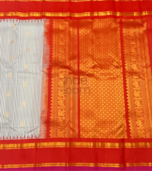 Gray Lines with Golden Red  Pallu and  Border Gadwal Silk Saree - 060