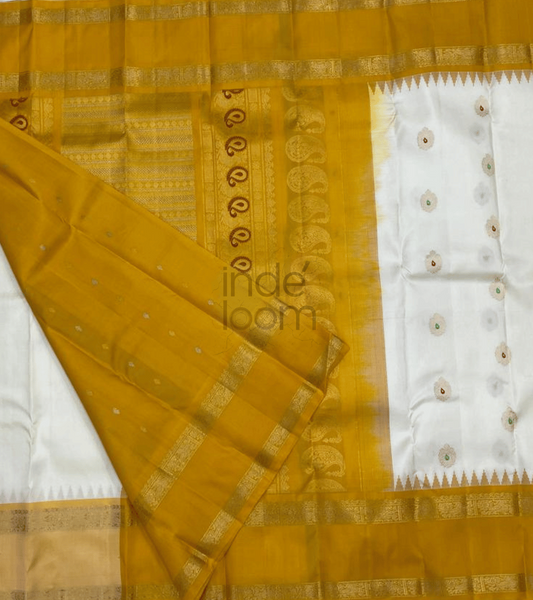 Golden Yellow with  Cloud White Gadwal Silk Saree- 052