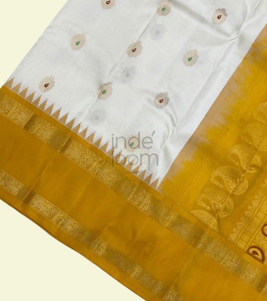 Golden Yellow with  Cloud White Gadwal Silk Saree- 052