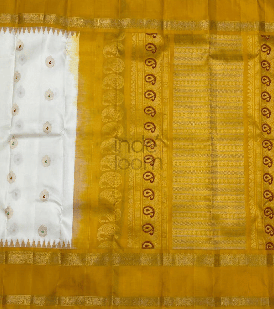 Golden Yellow with  Cloud White Gadwal Silk Saree- 052