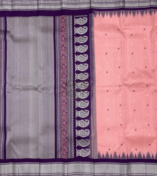 Pale Pink with Multiple Color Buttas with Navy Blue border Gadwal Silk Saree- 050