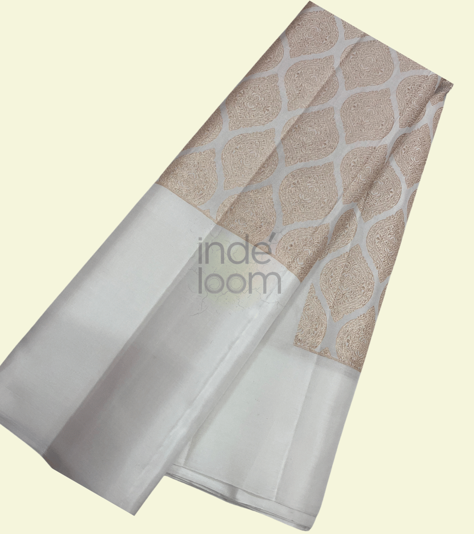 Light Brown Design-Scotch White Silver Border Gadwal Silk Saree- 051