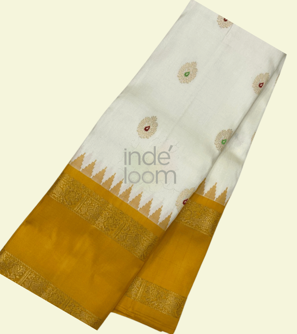 Golden Yellow with  Cloud White Gadwal Silk Saree- 052