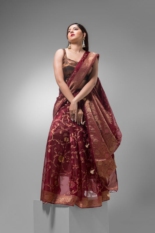 Diwali Saree with Dark Maroon  and Golden Designed  Border-048