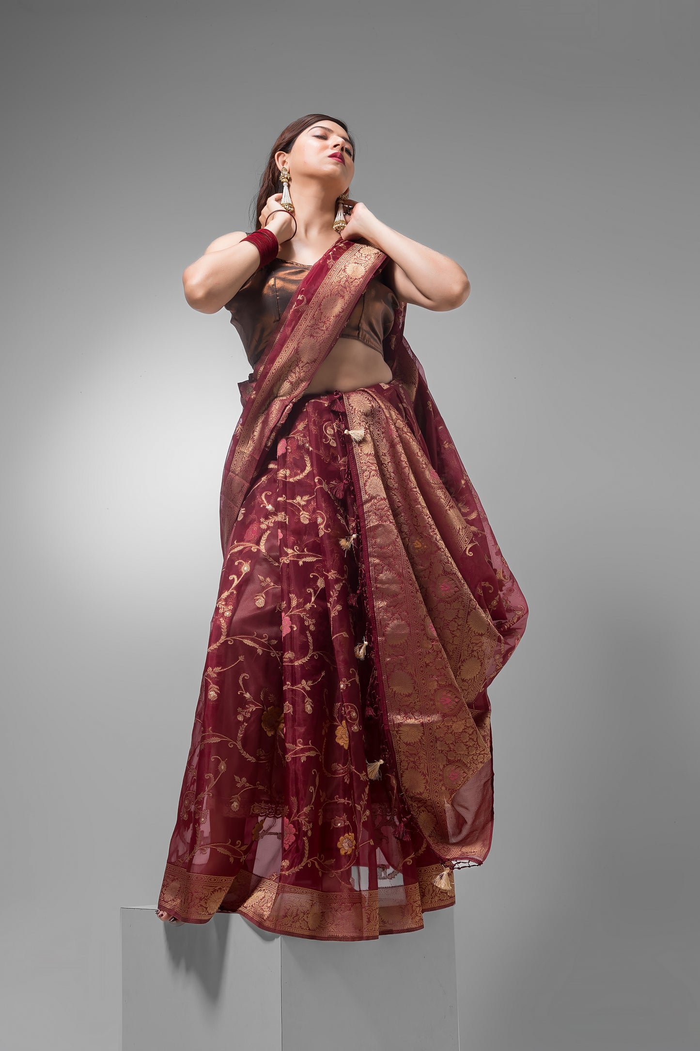 Diwali Saree with Dark Maroon  and Golden Designed  Border-048