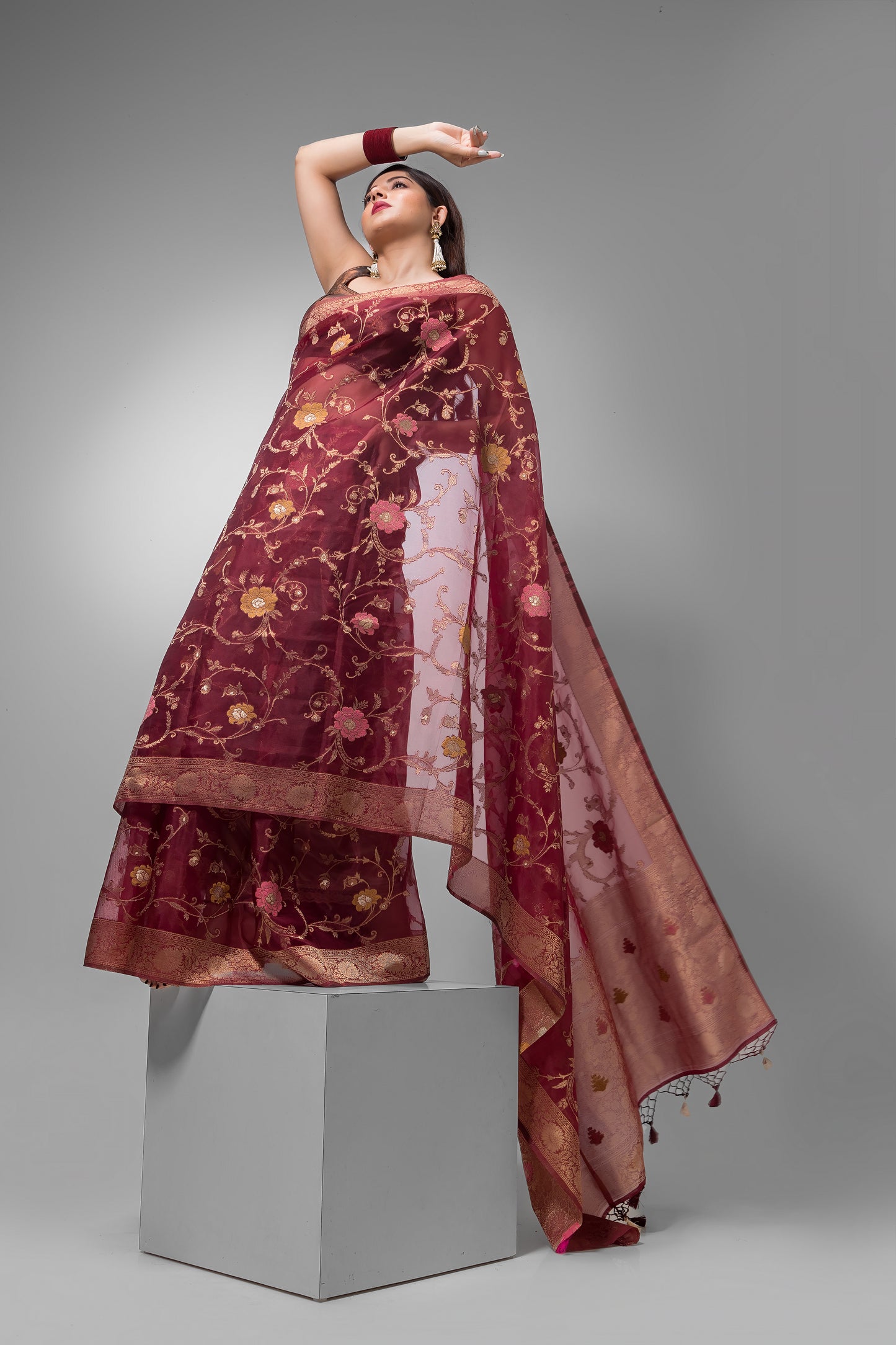 Diwali Saree with Dark Maroon  and Golden Designed  Border-048