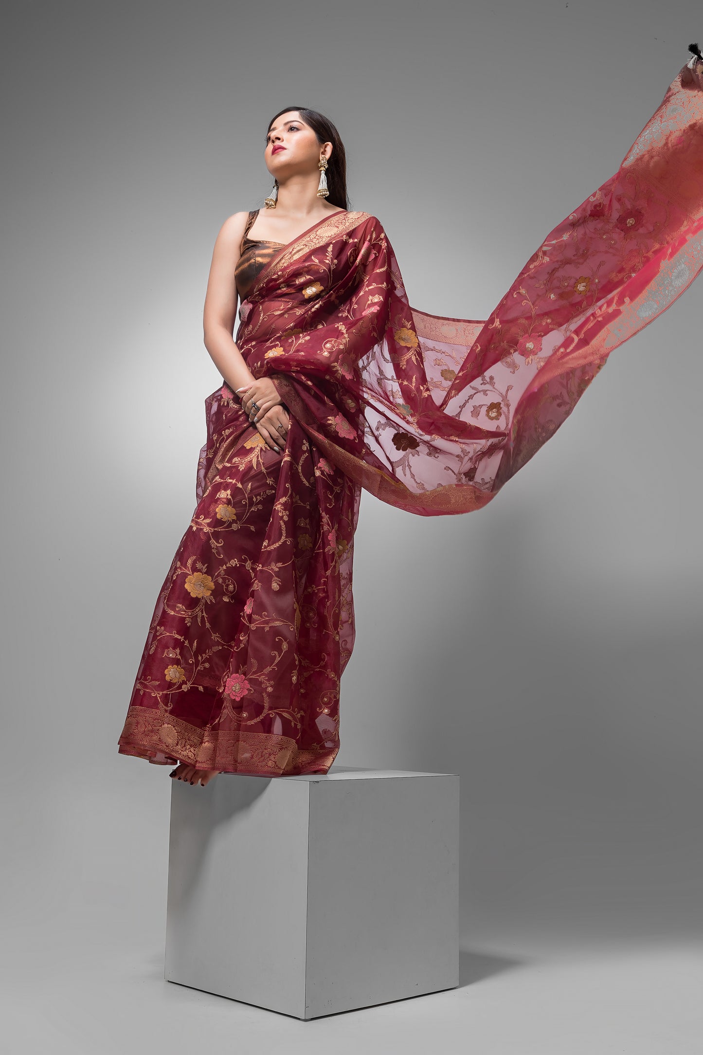 Diwali Saree with Dark Maroon  and Golden Designed  Border-048