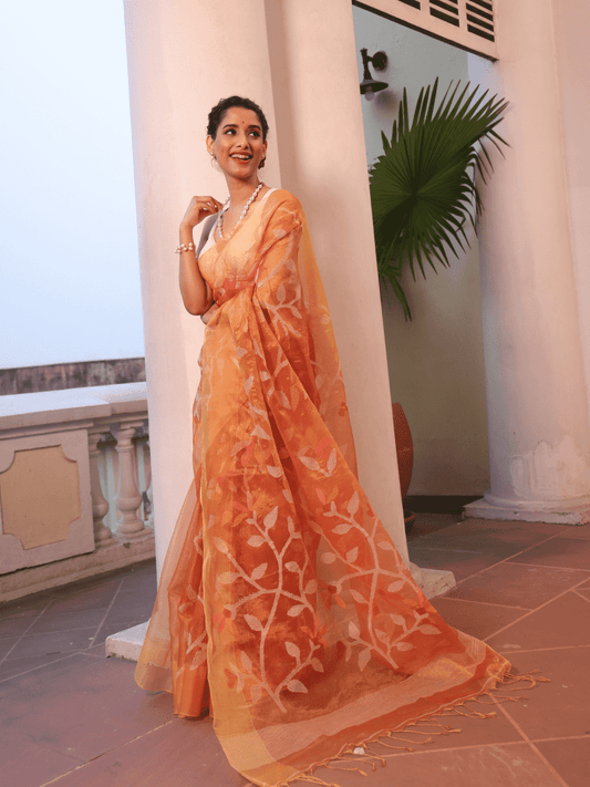 Coral Orange Hand Made Jamdani Saree-094