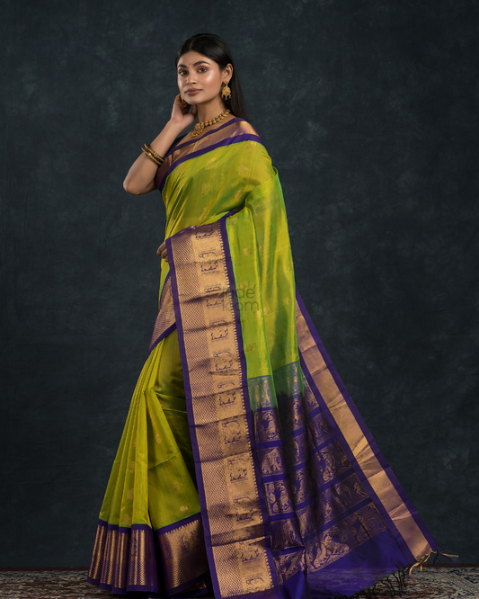 Pure handloom Korvai Saree with grand buttas Lime Green With Golden Blue Border - 116