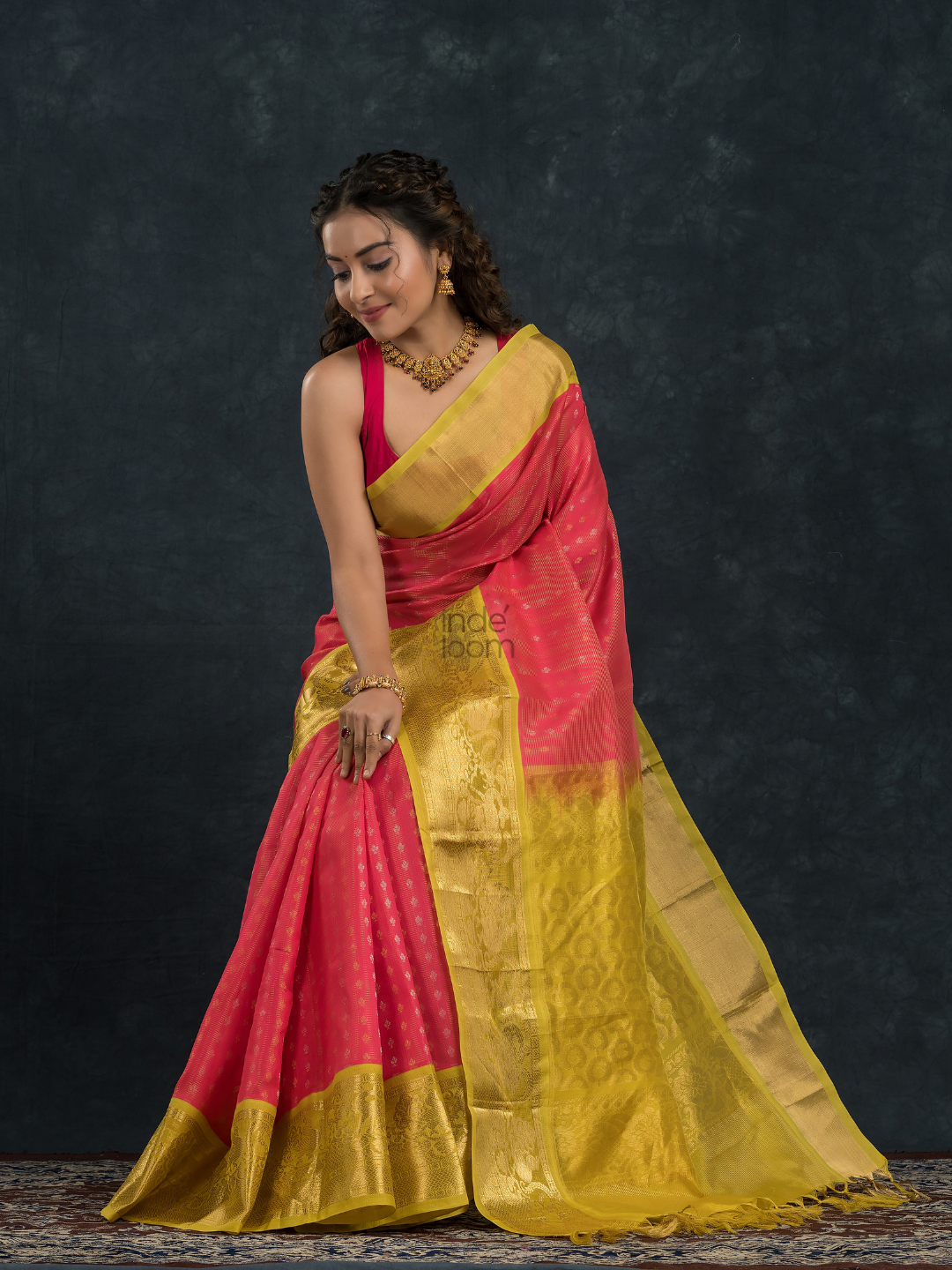 Pure Handloom Korvai Silk Cotton Saree in Punch Pink and golden Yellow Border with small buttas - 137