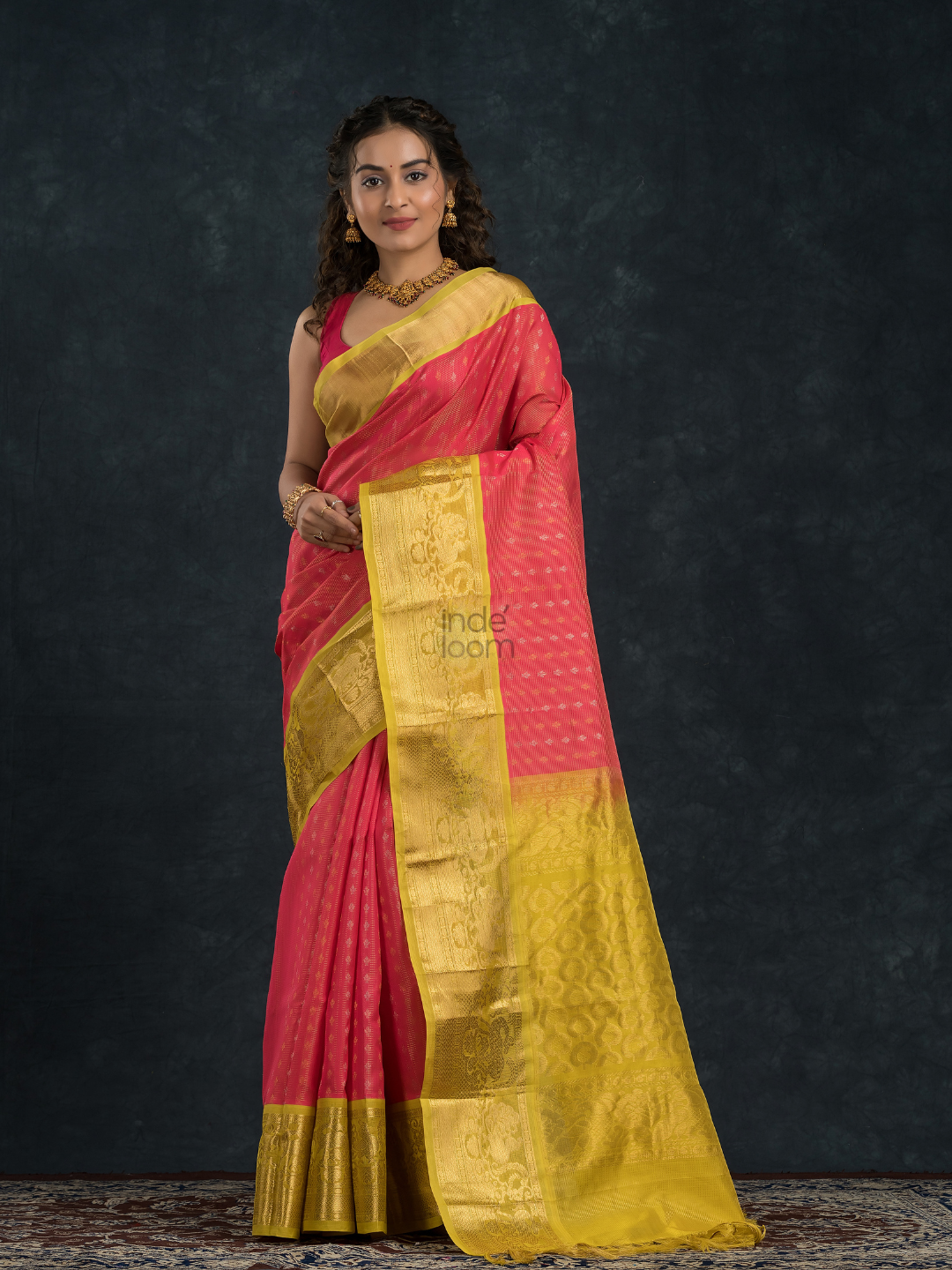 Pure Handloom Korvai Silk Cotton Saree in Punch Pink and golden Yellow Border with small buttas - 137