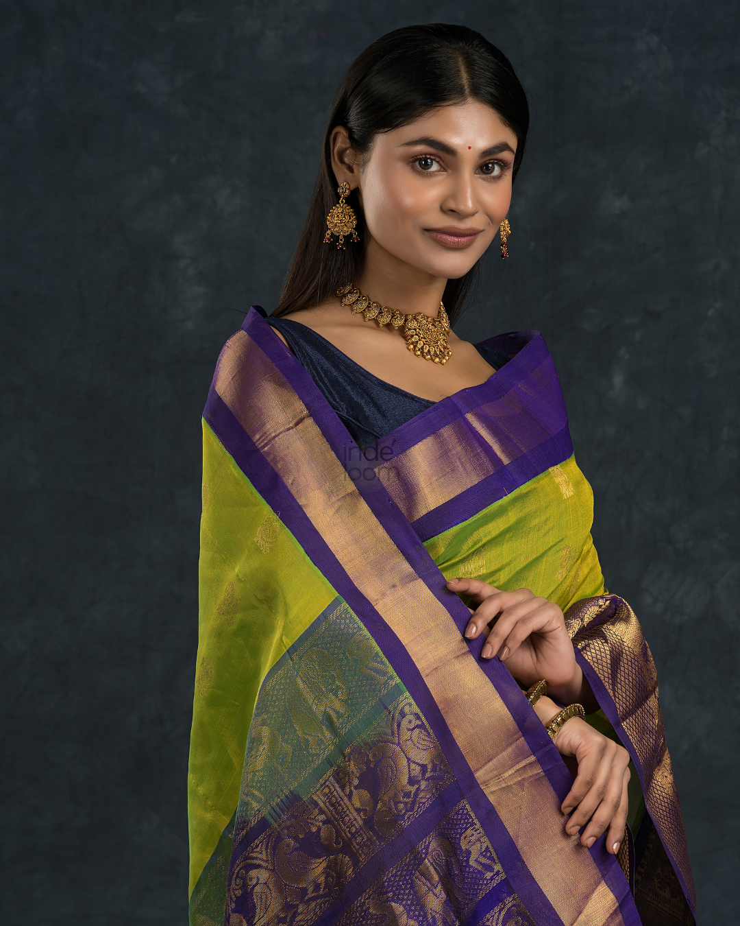 Pure handloom Korvai Saree with grand buttas Lime Green With Golden Blue Border - 116