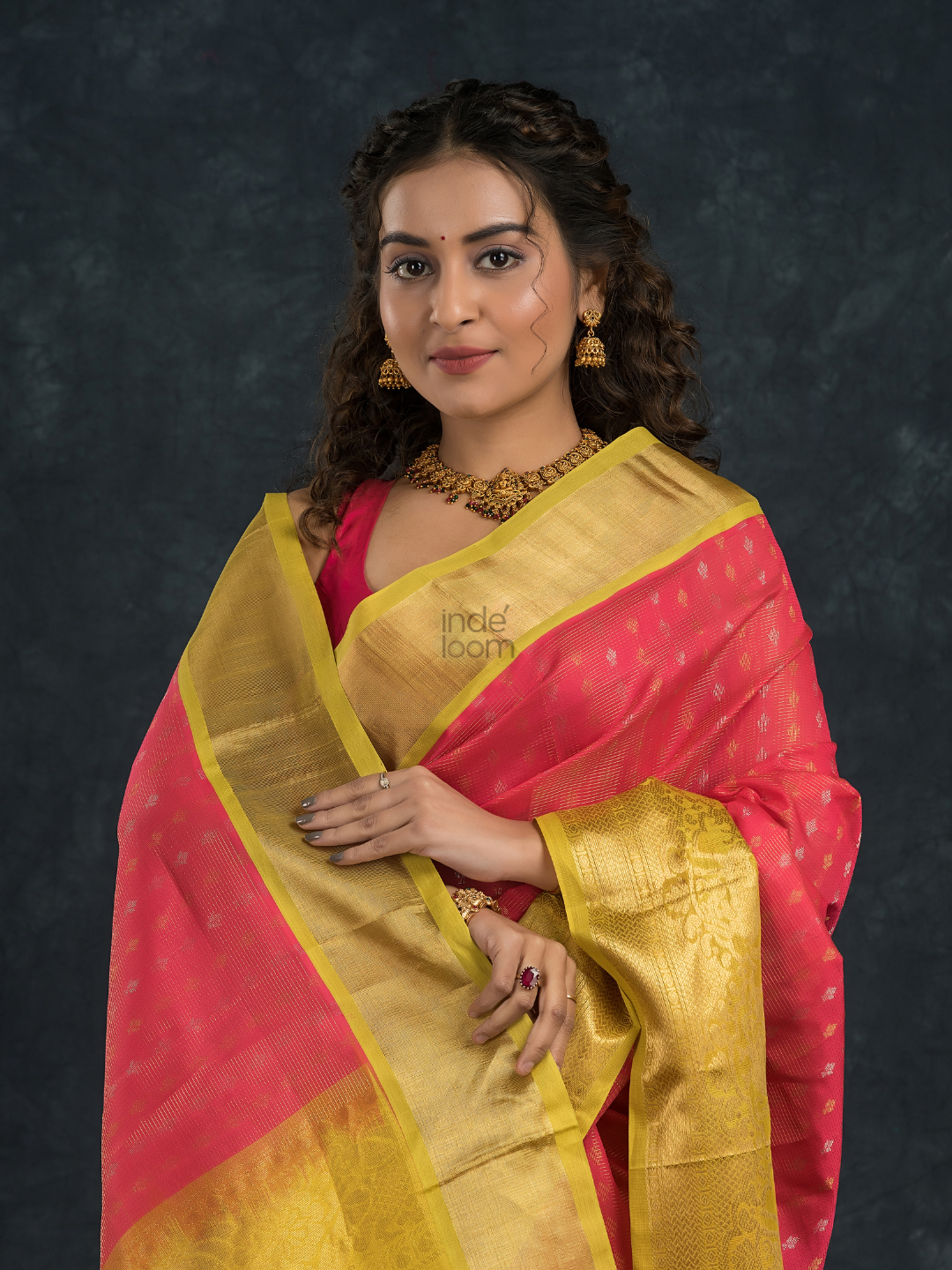 Pure Handloom Korvai Silk Cotton Saree in Punch Pink and golden Yellow Border with small buttas - 137