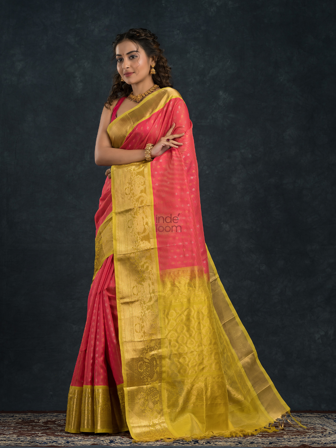 Pure Handloom Korvai Silk Cotton Saree in Punch Pink and golden Yellow Border with small buttas - 137