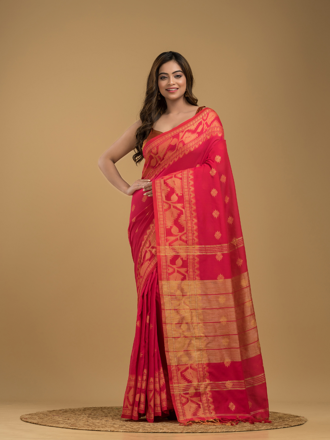 Classic Red Cotton Silk Jamdani Saree - 018