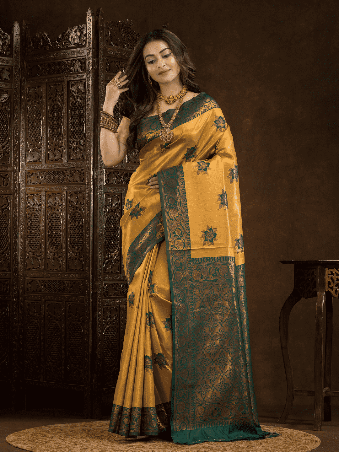 Golden Yellow Cotton Silk Saree - 003 - indeloom