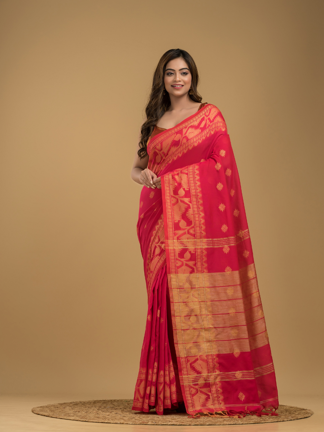 Classic Red Cotton Silk Jamdani Saree - 018