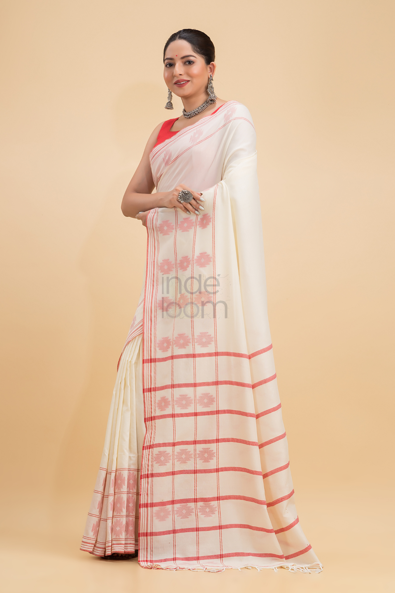 Dewali Saree Handloom Cotton in Red White 017