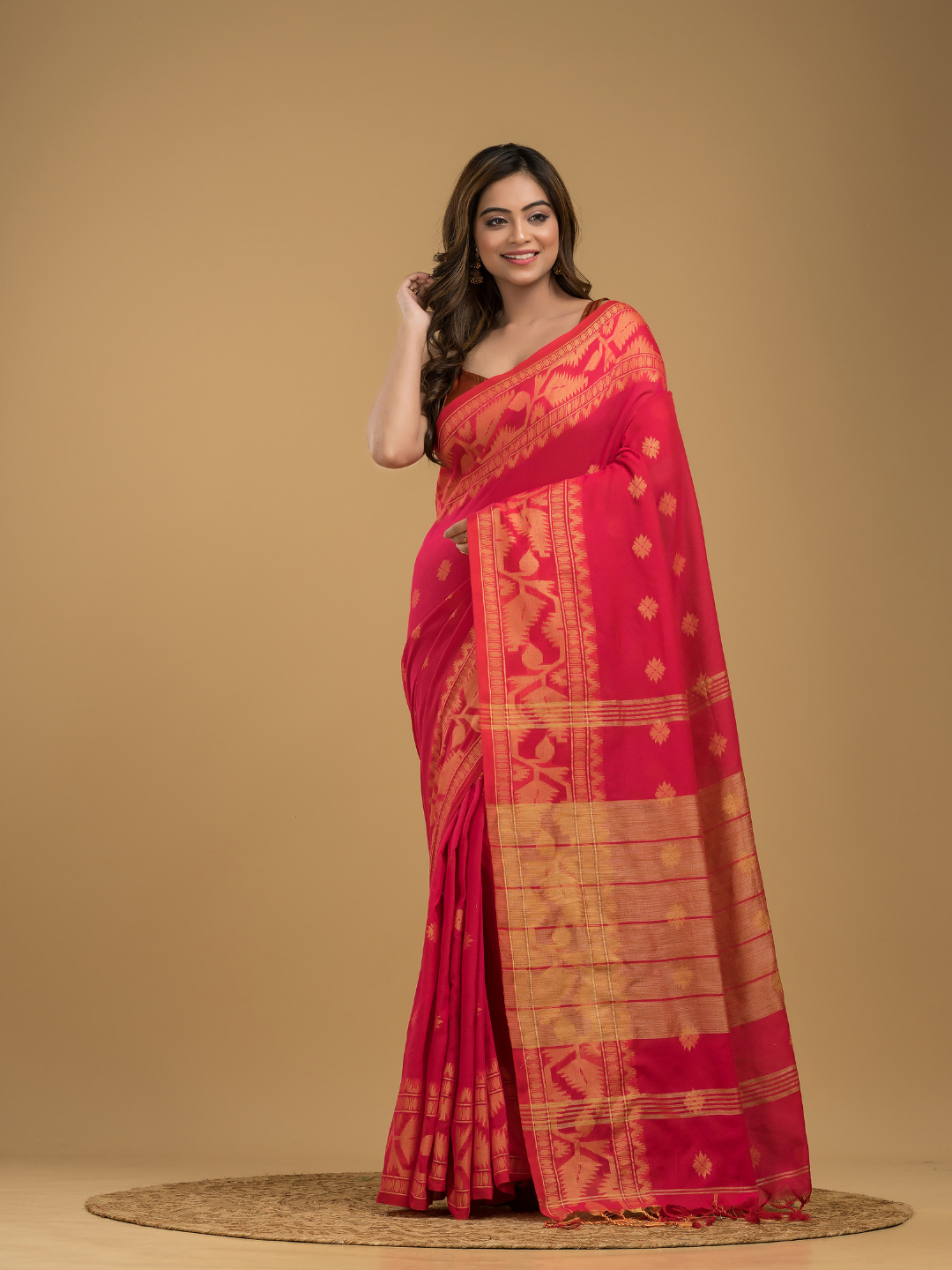 Classic Red Cotton Silk Jamdani Saree - 018