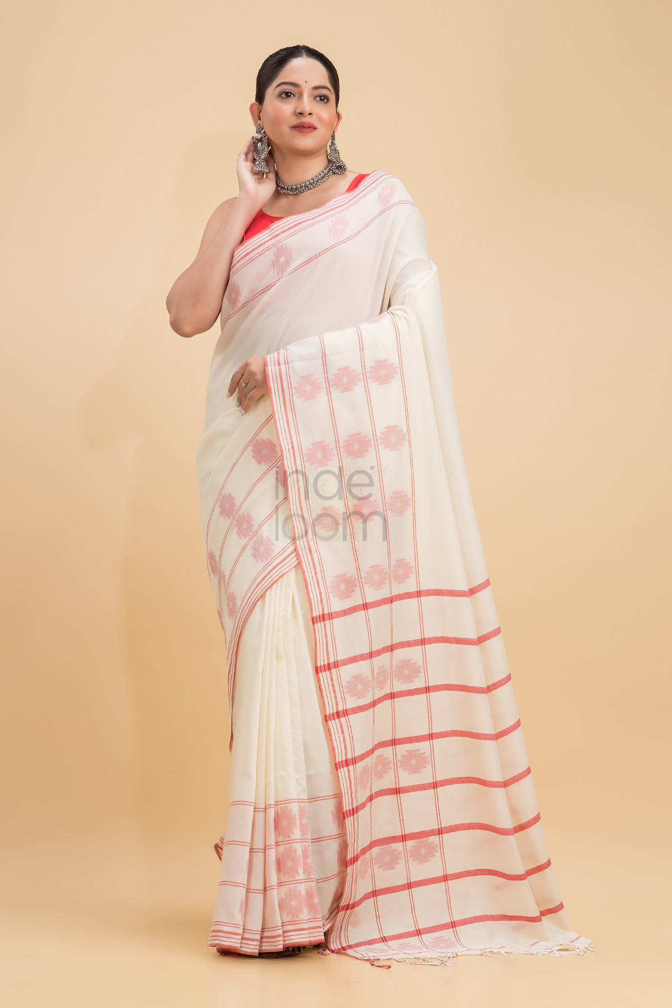 Dewali Saree Handloom Cotton in Red White 017