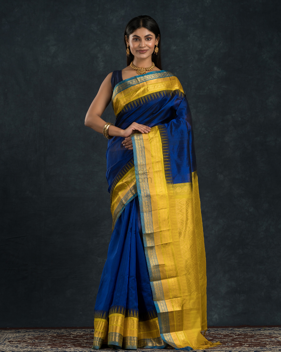 Pure Handloom Korvai Silk Cotton Saree in Blue and Yellow-Blue Border with temple border - 115