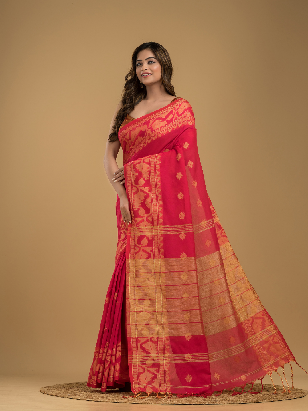 Classic Red Cotton Silk Jamdani Saree - 018