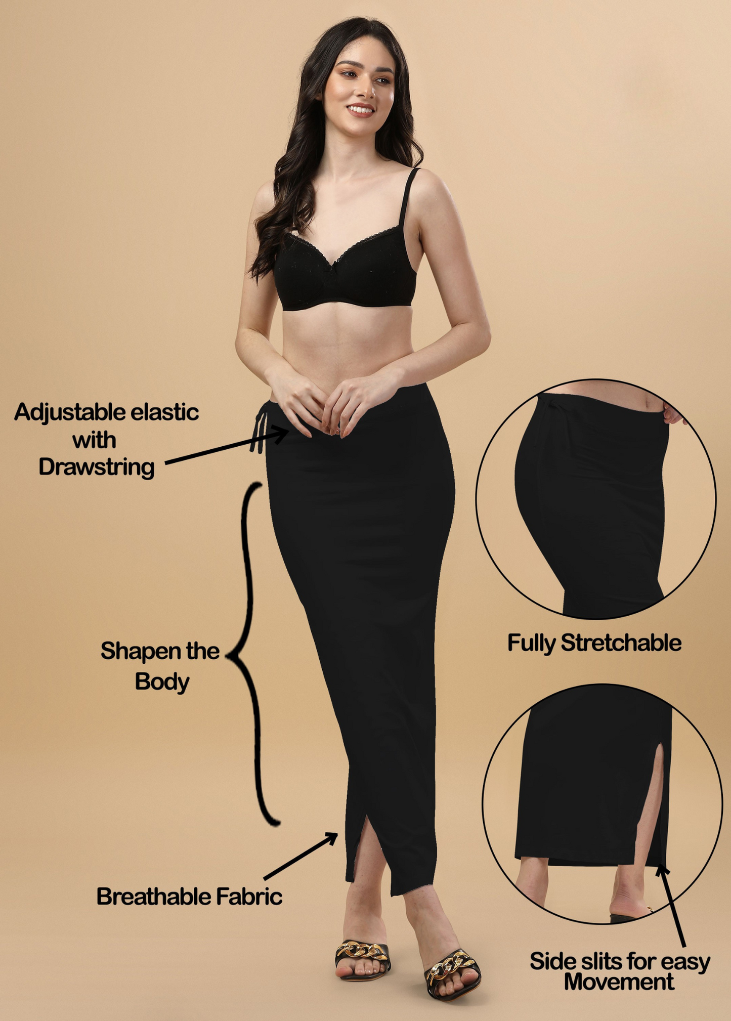 Saree Shapewear Straight Cut Rope Style In Coal Black Color - 010