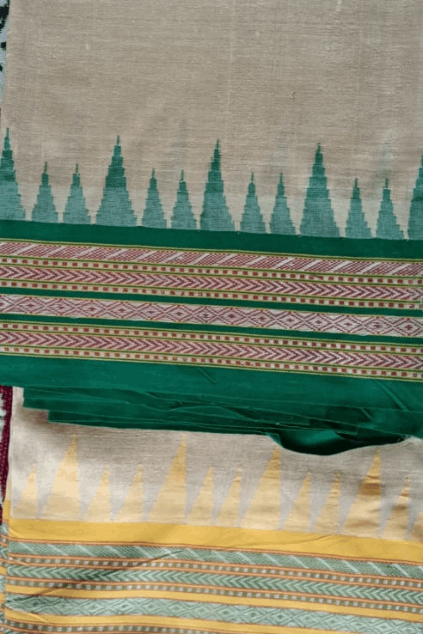 Beige & Leaf Green, Handloom Vidarbha Tussar Silk Saree with Multicolor Contrast Border-028