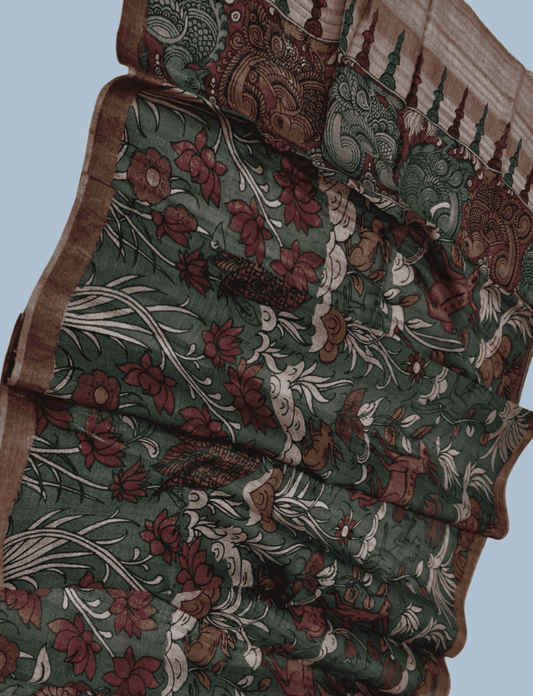 Pen Kalamkari Tussar Silk Dupatta in Forest Green -017