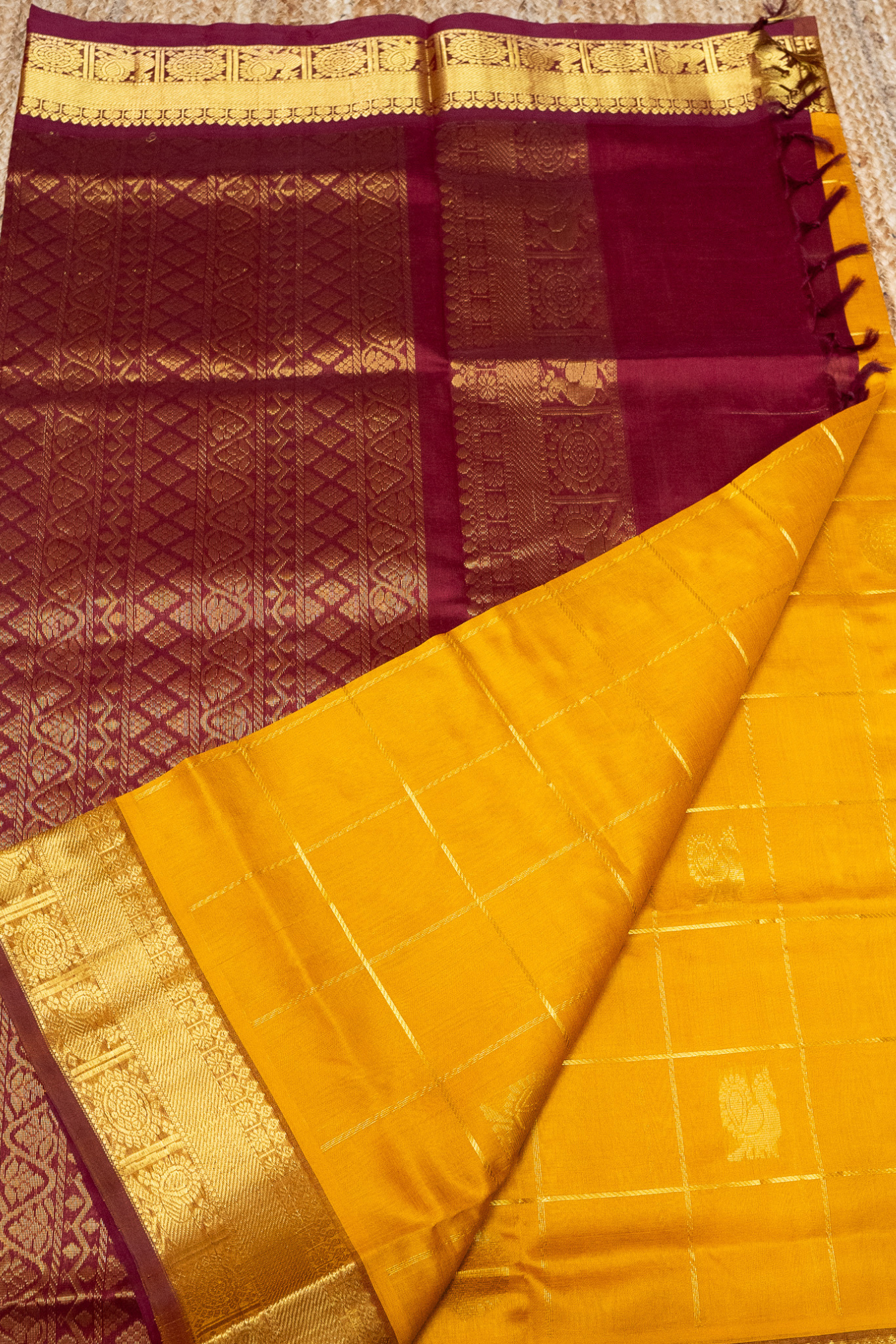 Mayil Chakram with Zari Checks Golden Yellow and Dark Red Border  Korvai Saree -144