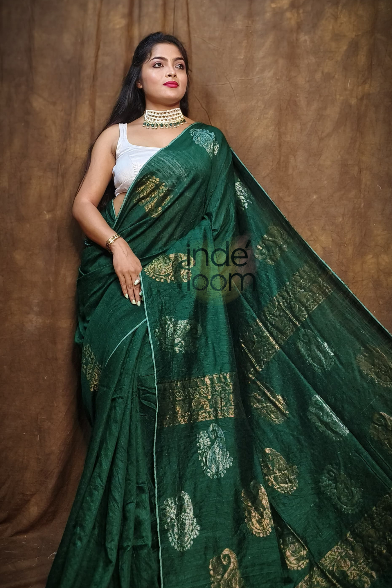 Rasam by Motka  Jamdani Saree with Forest Green-101