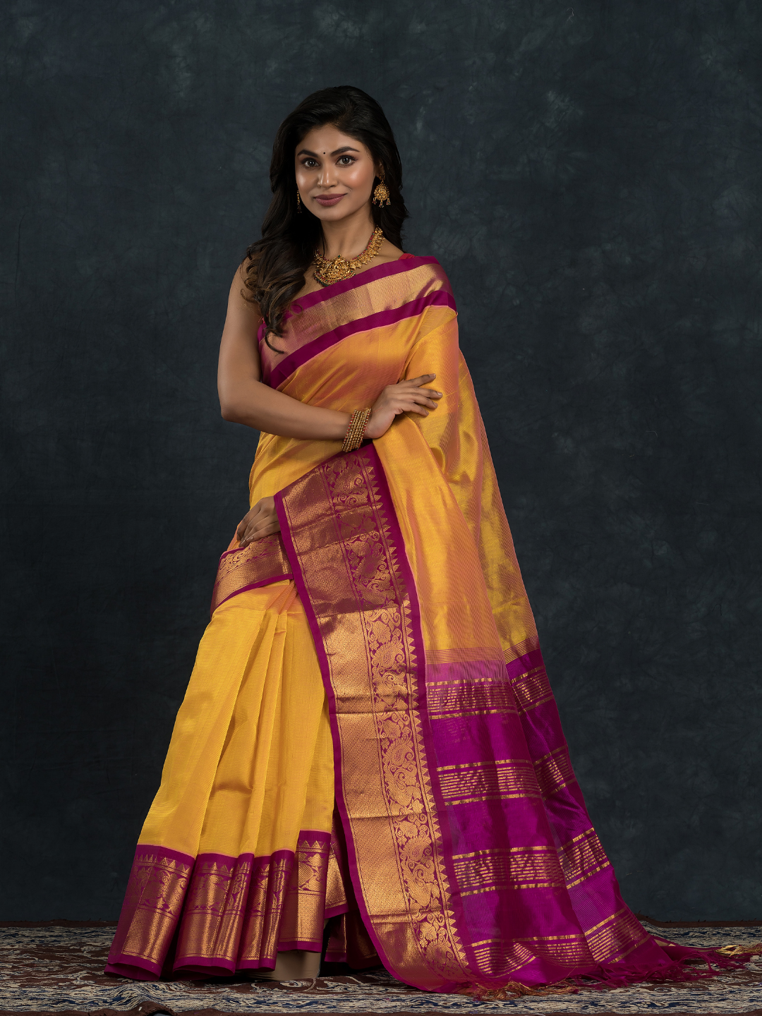 Bright Yellow With Golden Purple Border Korvai Saree - 099