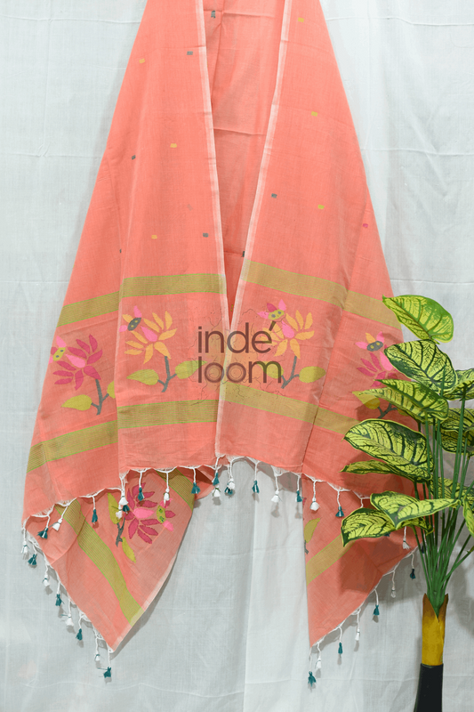 Cotton  Jamdani 2 Piece Set Kurti & Dupatta with Coral Orange - Jamdani Kurti - 157