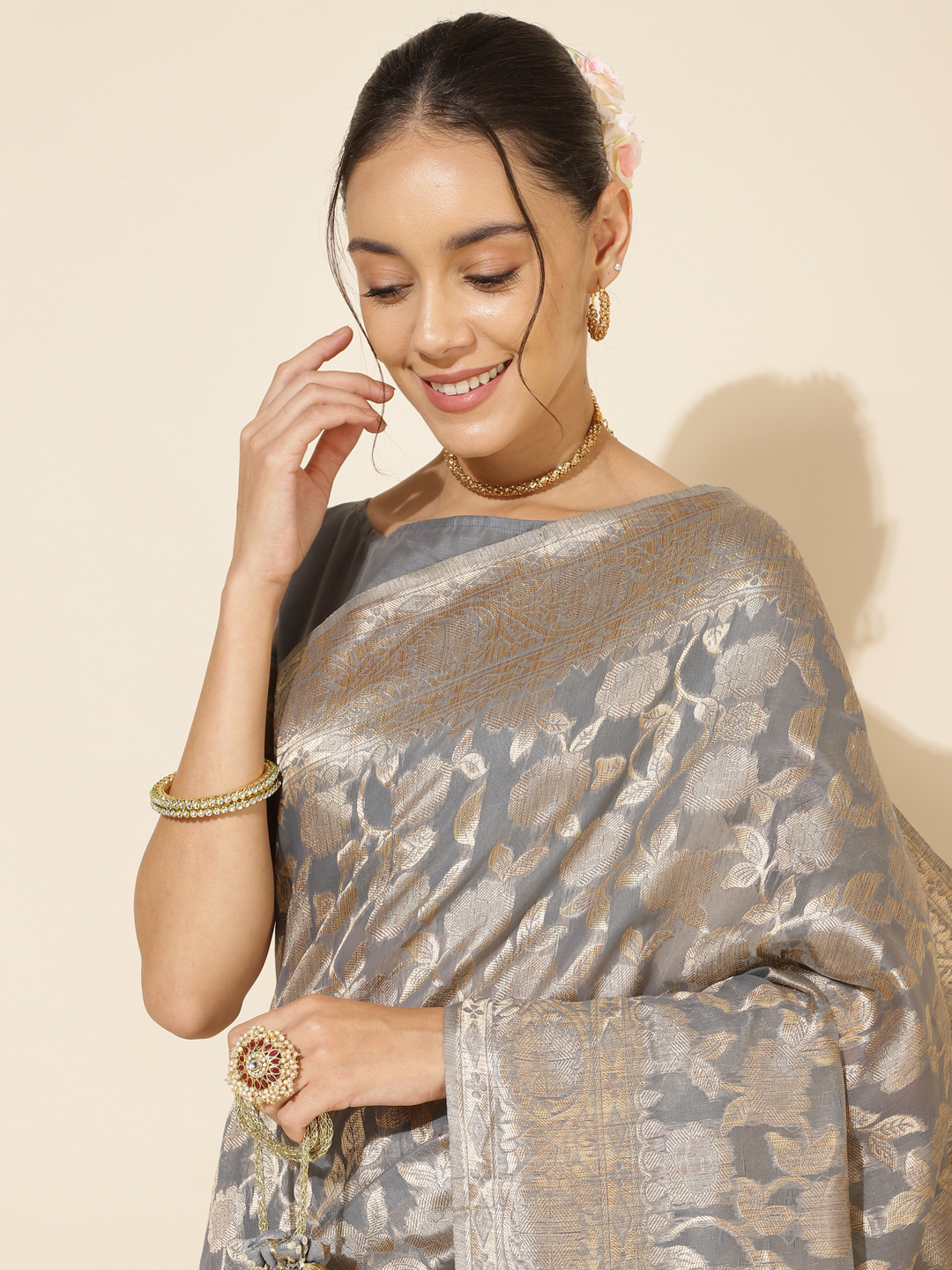 Chanderi Silk Floral Saree in Grey (Precision Looms) -004