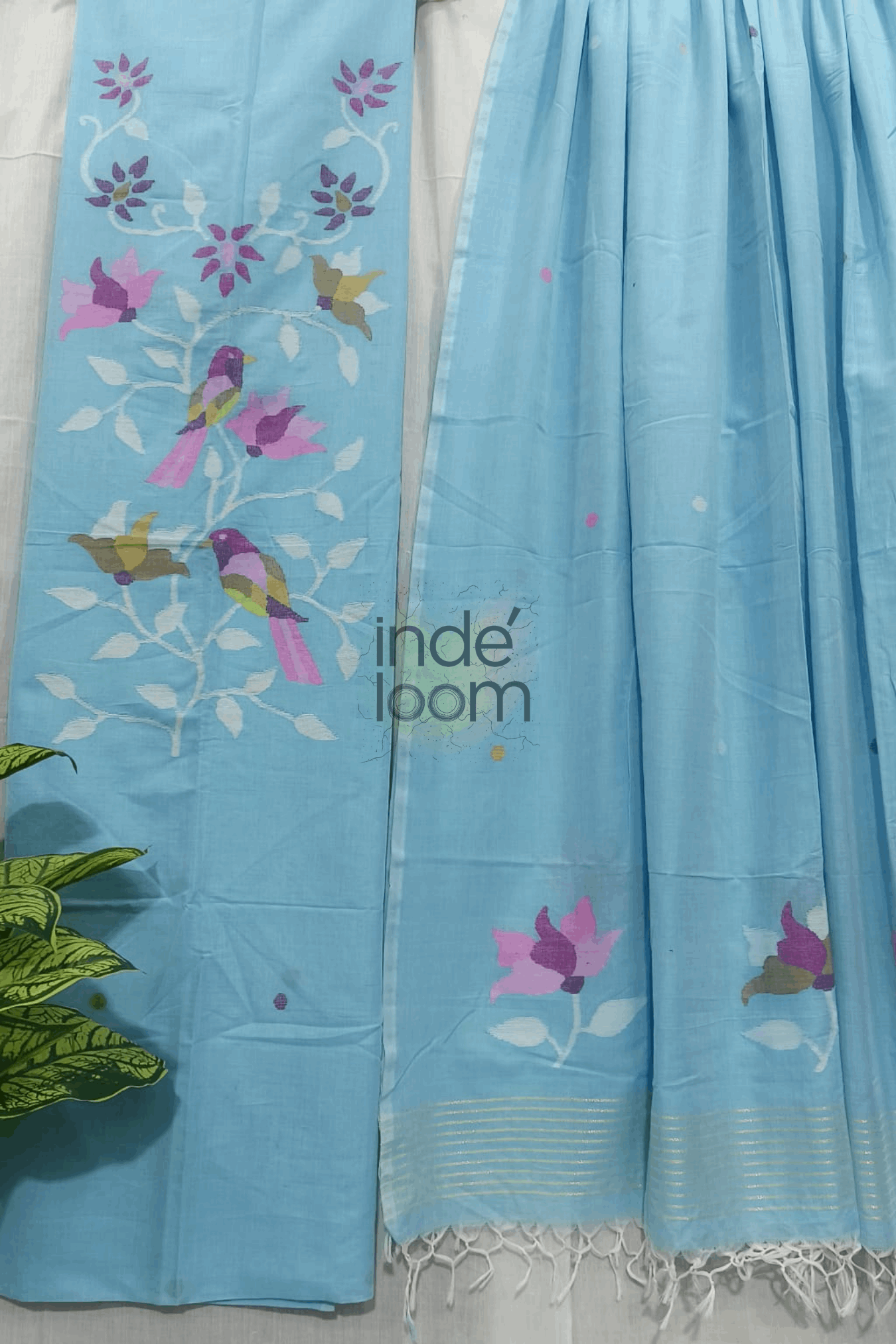 Cotton Jamdani 2 Piece Set Kurti & Dupatta With Aqua Blue-242