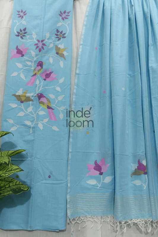 Cotton Jamdani 2 Piece Set Kurti & Dupatta With Aqua Blue-242