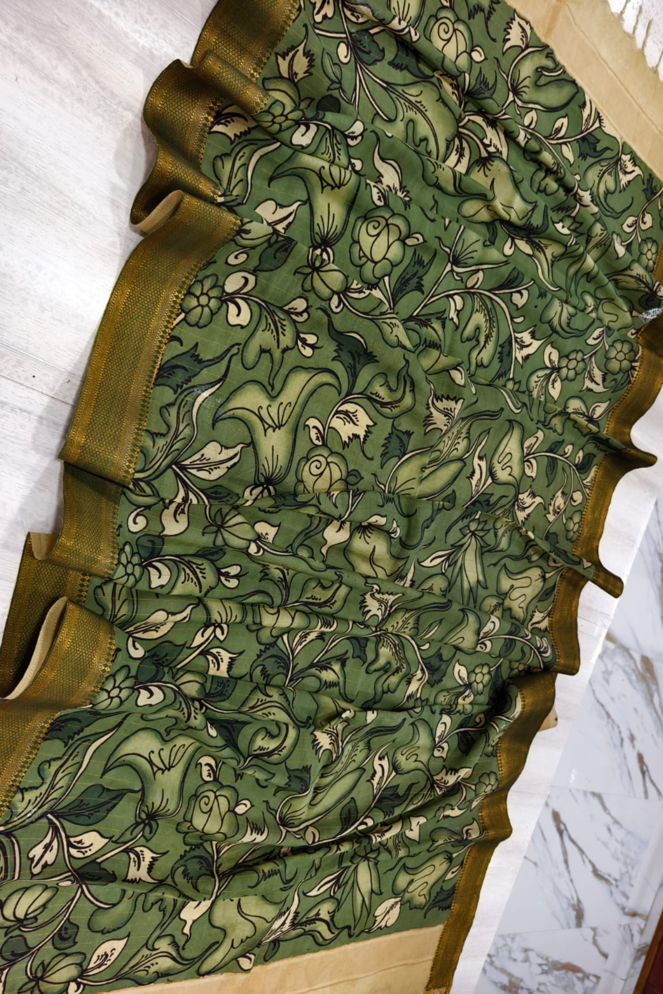 Emeraid Green Design Bangalore silk Kalamkari Dupatta  -010