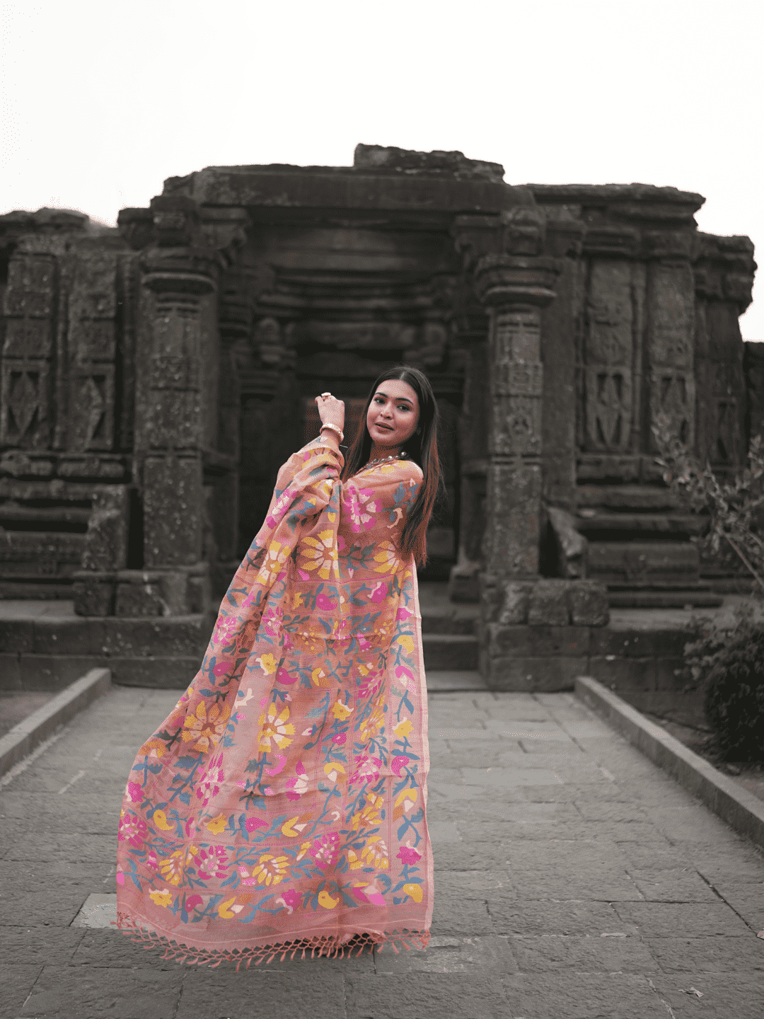 Coral Orange Jamdani Saree - 060 - indeloom