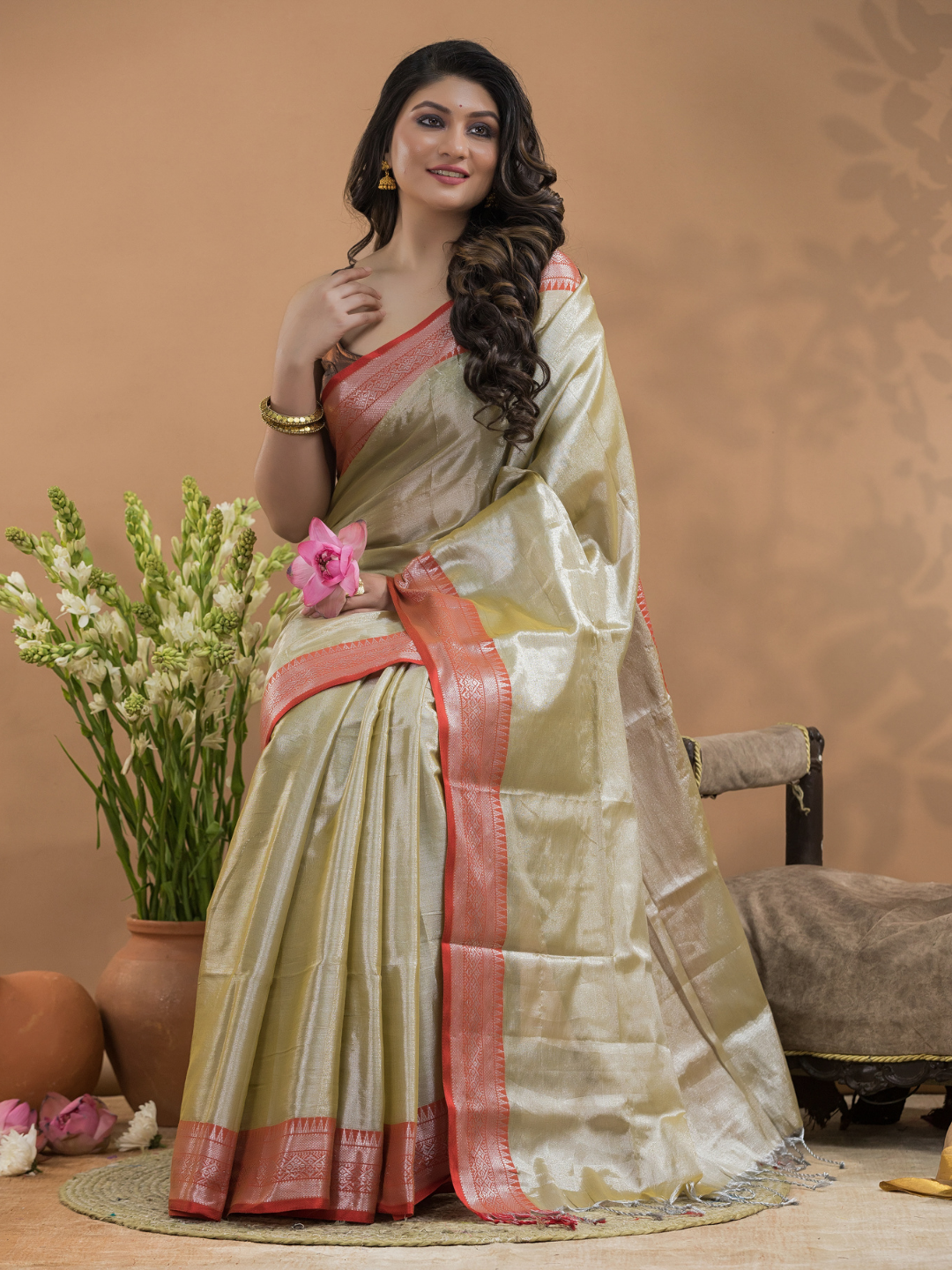 Tissue Silk Saree In Bone White -023