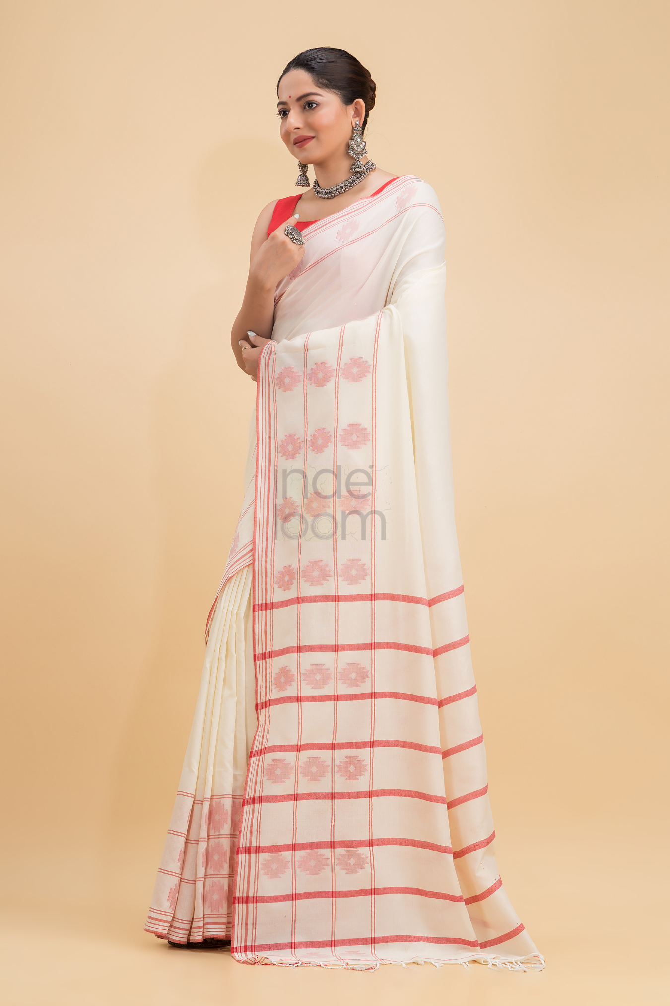 Dewali Saree Handloom Cotton in Red White 017