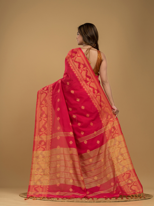 Classic Red Cotton Silk Jamdani Saree - 018