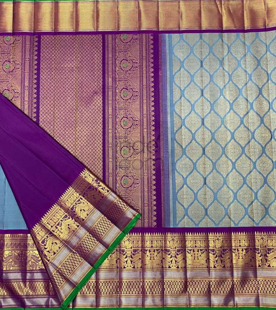 Blue  with  Purple Zari  Pallu with Golden Border Kanjivaram Saree-034