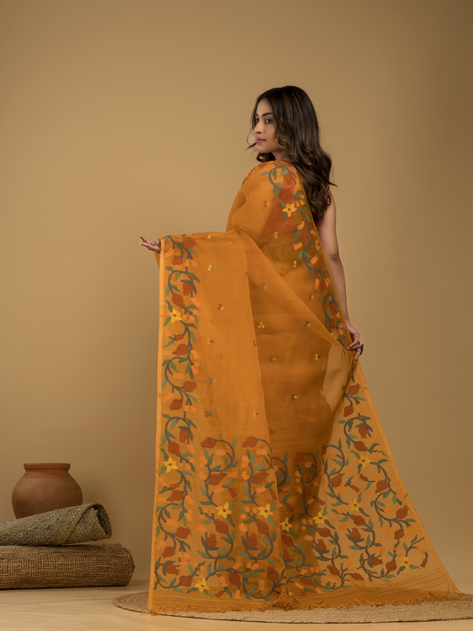 Muslin Jamdani Saree With Mustard Yellow  - 018