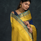 Pure Handloom Korvai Silk Cotton Saree in Blue and Yellow-Blue Border with temple border - 115