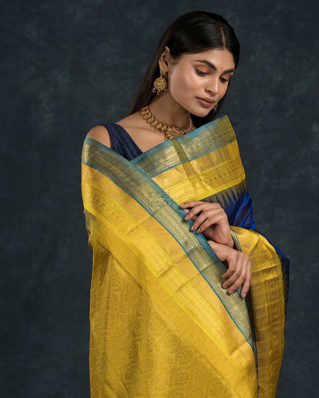 Pure Handloom Korvai Silk Cotton Saree in Blue and Yellow-Blue Border with temple border - 115