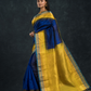 Pure Handloom Korvai Silk Cotton Saree in Blue and Yellow-Blue Border with temple border - 115