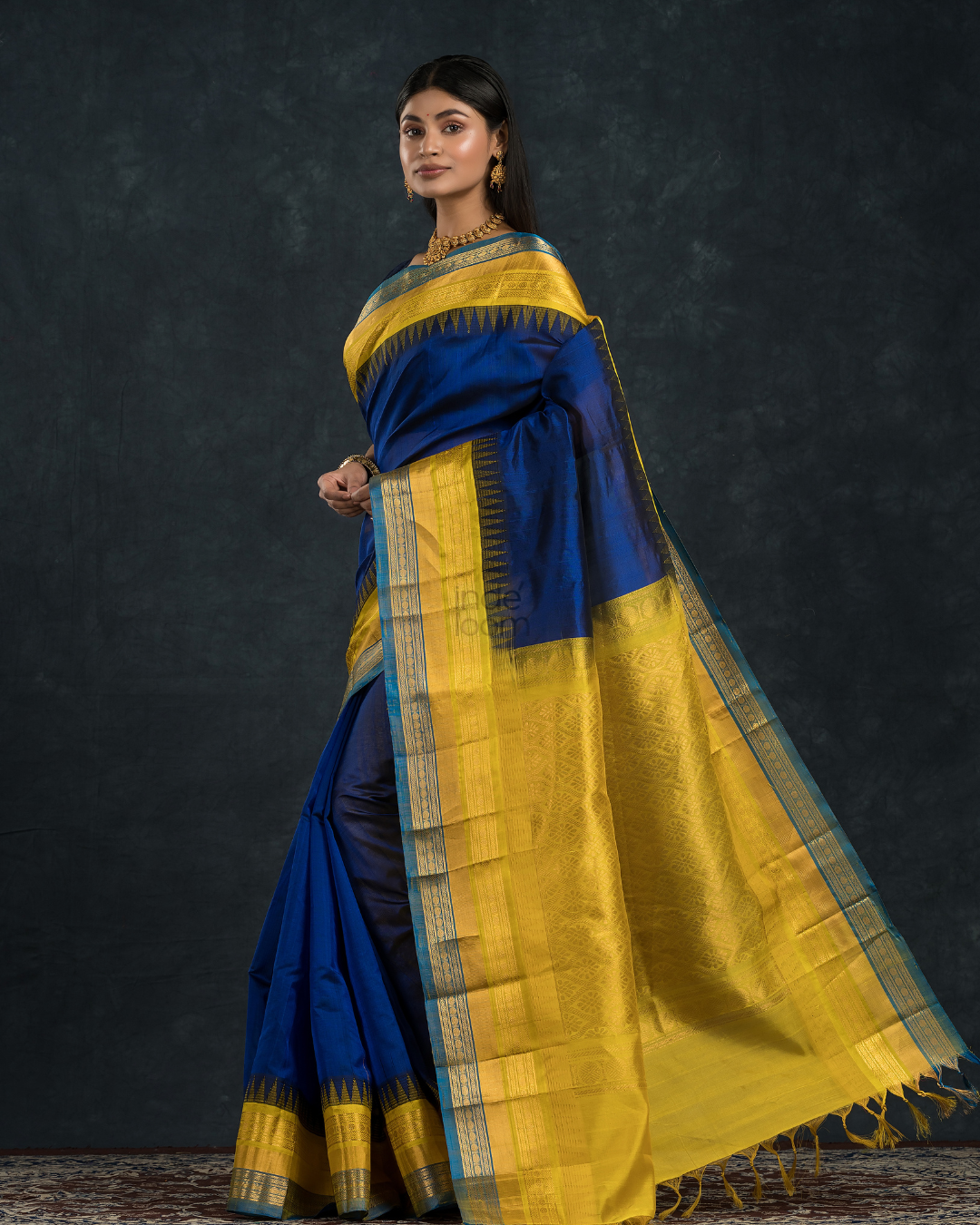 Pure handloom Korvai Saree with temple border Purple With Yellow Blue Border - 115