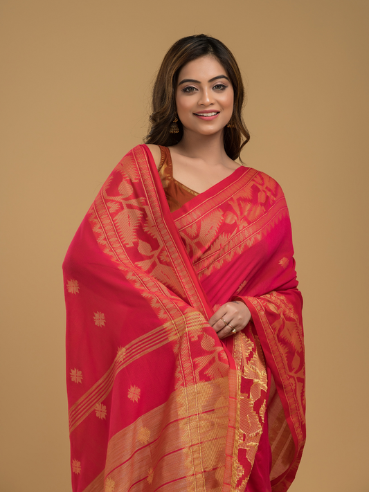 Classic Red Cotton Silk Jamdani Saree - 018