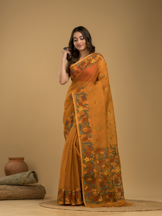 Muslin Jamdani Saree With Mustard Yellow  - 018